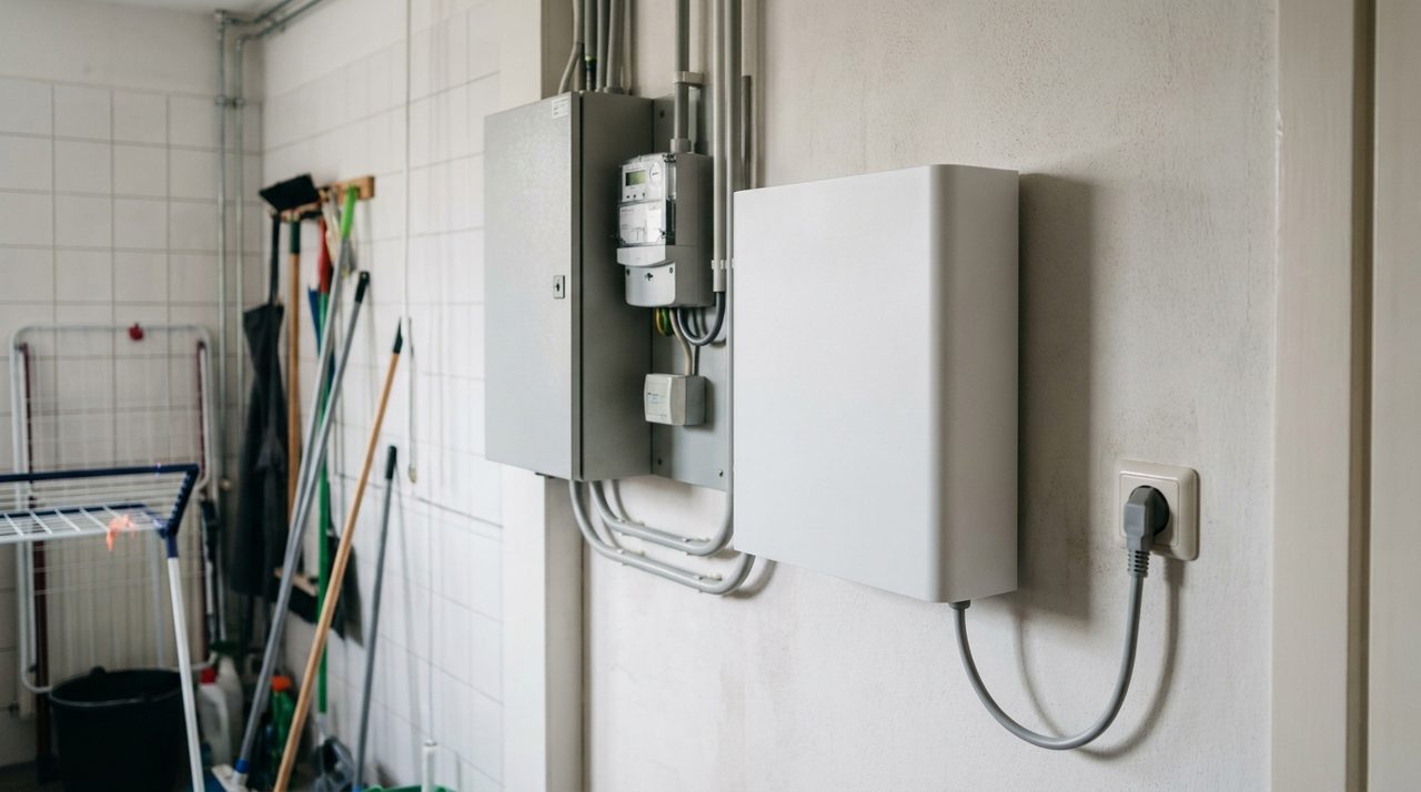 Plug-en-play thuisbatterij aan de wand van een Nederlandse bijkeuken